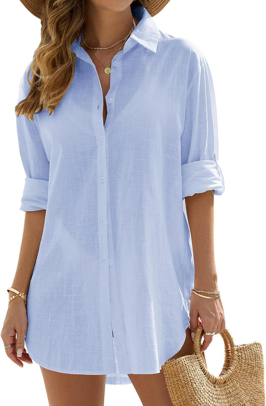 Vancavoo Strandkleid Damen Sommer Strandbluse Strandhemd V-Ausschnitt Strandtunika Lose Button-Down Strandponcho Longbluse Bikini Cover Up