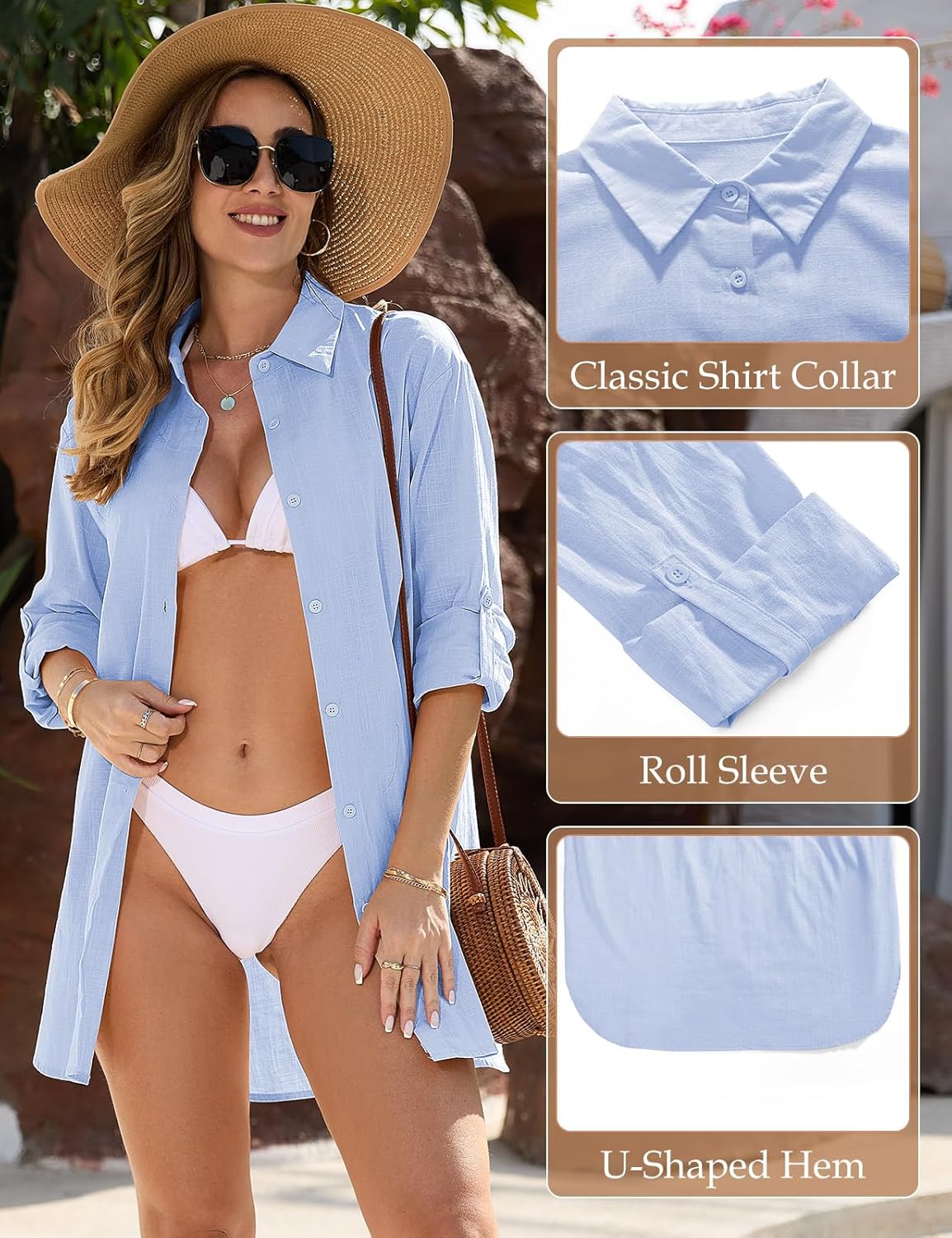 Vancavoo Strandkleid Damen Sommer Strandbluse Strandhemd V-Ausschnitt Strandtunika Lose Button-Down Strandponcho Longbluse Bikini Cover Up